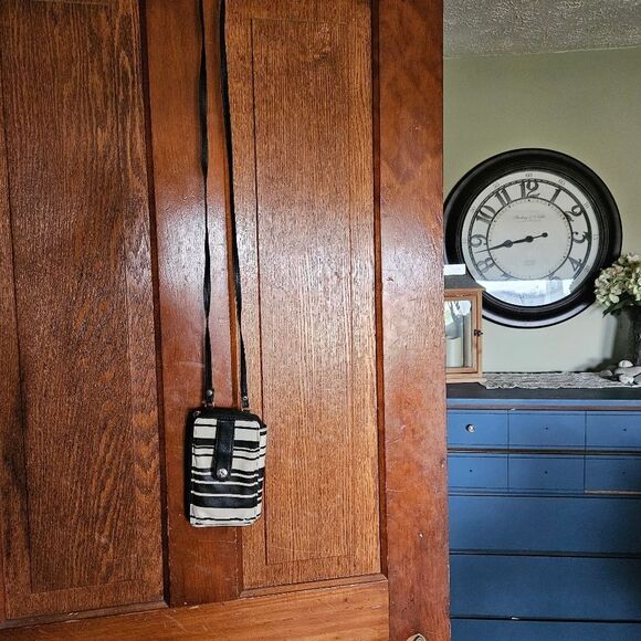 Ivory & Black Stripe Crossbody Wristlet Credit Card Purse | Compact Travel Bag - Picture 1 of 7